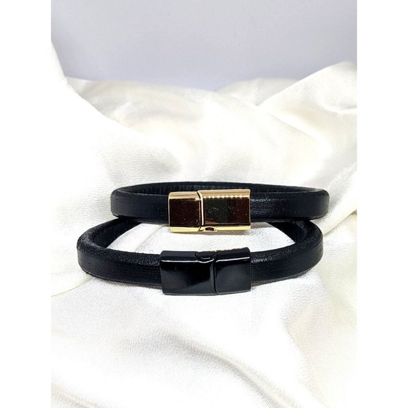 Unbranded Other - 🍑Men Leather Cuff Bracelet Gold Black Magnetic Closure Casual Length 9 inches